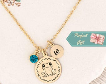 Personalized Frog Necklace Gift for Frog Lover Custom Birthstone Initial Disc Necklace with Frog Card Gift Jewelry Silver Frog Necklace Gift