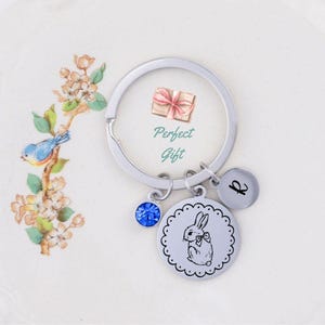 Cute Bunny Keychain Gift Coquette Bunny Lover Gift Bunny Mom Personalized Custom Birthstone Initial Keychain Metal Bunny Rabbit Lover Gift