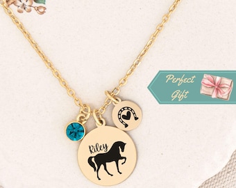 Personalized Horse Necklace: Gold Plated Custom Name & Birthstone