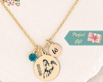 Chinese Zodiac Horse Necklace Gift Lunar New Year of the Horse Necklace Custom Birthstone Initial Chinese New Year Pendant Protection Charm