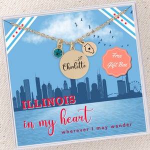 Custom State Illinois Necklace Silver Illinois State Jewelry Personalized Birthstone Name Pendant Illinois State Outline Necklace with Heart