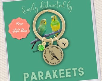 Personalized Parakeet Budgie Pendant Keychain for Parakeet Lover Gift Custom Birthstone Initial Bird Key Chain Silver Budgie Bird Keyring