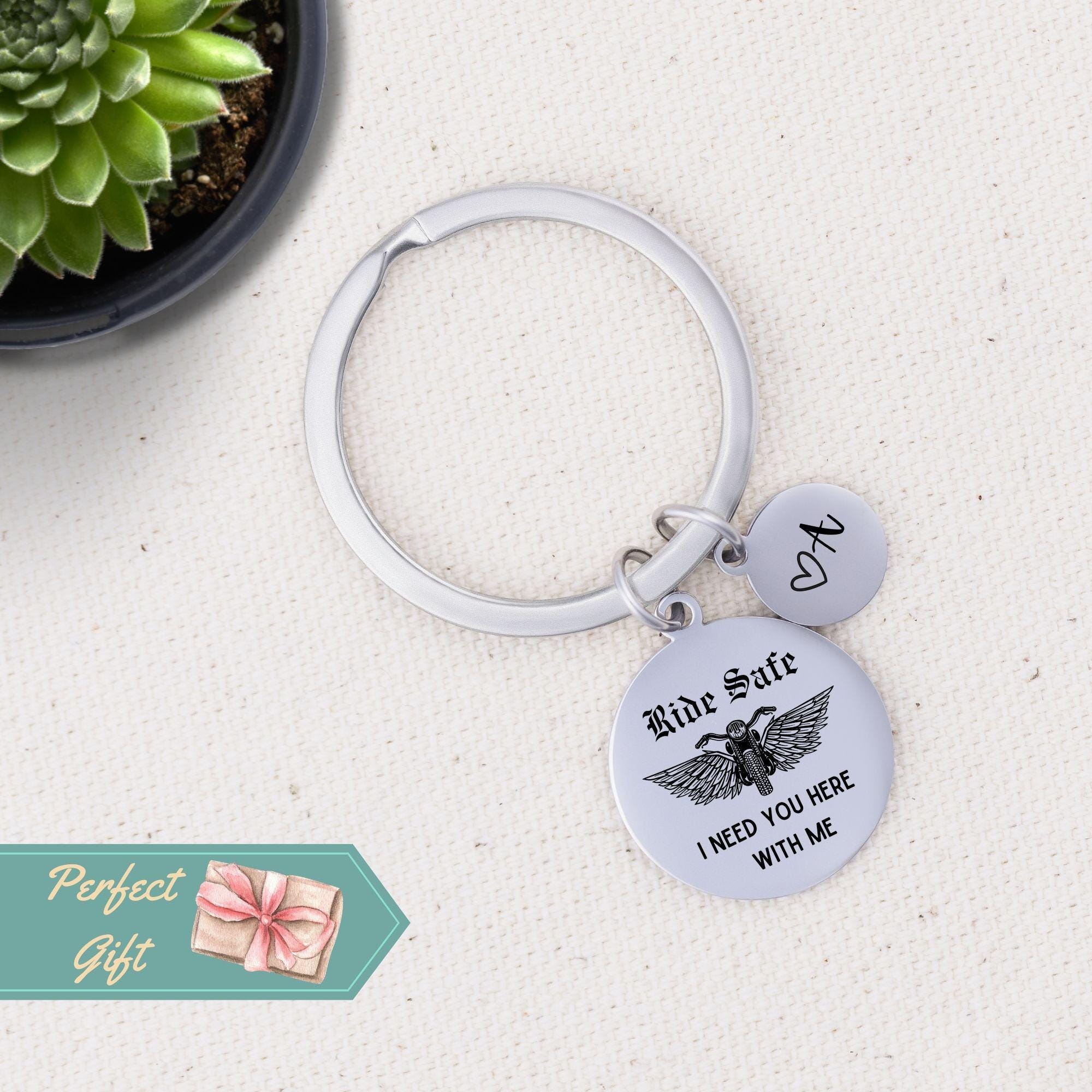 Personalized Ride Safe Keychain Dad Gift for Biker Keychain Need You Here Husband Keychain Custom Initial Pendant Keychain Motorcycle Rider