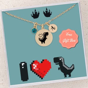 Pixelated T Rex Dinosaur Necklace Jewelry Gift for Dinosaur Lover Personalized Custom Birthstone Initial Necklace Silver Dinosaur Necklace
