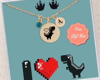 Pixelated T Rex Dinosaur Necklace Jewelry Gift for Dinosaur Lover Personalized Custom Birthstone Initial Necklace Silver Dinosaur Necklace