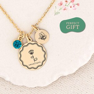 Personalized July Birthflower Necklace July Birthday Flower Necklace Charm July Birth Flower Water Lily Necklace with Name and Birthstone