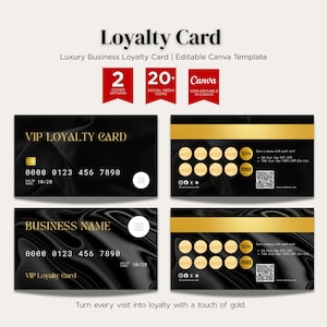 Peut inclure: Modèle de carte de fidélité VIP noir et or. La carte présente un fond noir avec des accents dorés, notamment une bande dorée et du texte doré. Le design comprend un emplacement pour le nom de l'entreprise et un code QR.