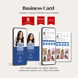 May include: A business card design template with a blue and white color scheme. The design includes a photo of a woman, a QR code, and the text "NAILS by Margot Lector". The image also shows a phone with an Instagram layout.