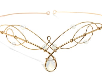 Gold Tiara Circlet Wedding Headpiece with Opalite Moonstone