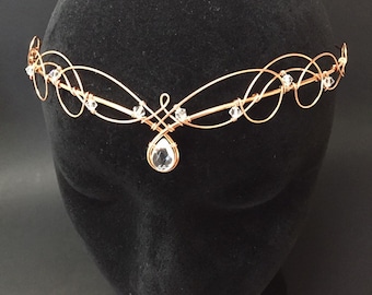 Rose Gold Tiara Circlet with Clear Quartz & Crystal Wedding Headpiece Medieval Renaissance