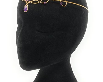 Gold Amethyst Tiara Circlet Celtic Headpiece, Medieval Headdress, Elven Wedding Crown