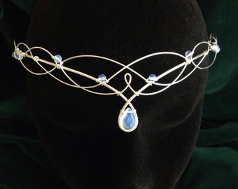 Silver Opalite Moonstone Bridal Circlet, Moonstone Celtic Headpiece, Medieval Headdress, Wedding Tiara, Elven Crown