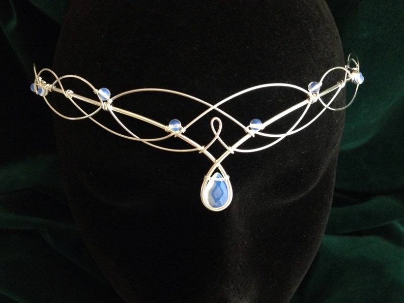 Silver Opalite Moonstone Bridal Circlet, Celtic Headpiece, Medieval Headdress, Elven Wedding Tiara image 1