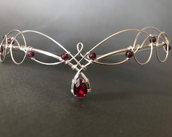 Tiara Circlet Garnet and Red Crystal Medieval Crown Renaissance Headpiece Celtic Bride Diadem