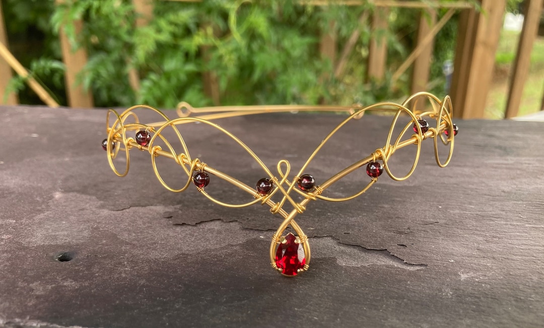 Gold Wedding Tiara Circlet With Red Crystals and Garnet  display picture 3