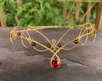 Gold Wedding Tiara Circlet with Red Crystals and Garnet Gemstones