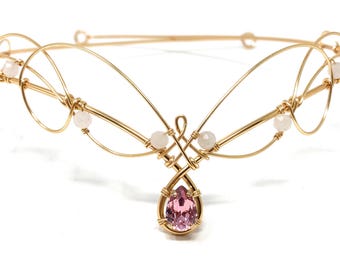 Gold Elven Wedding Tiara Circlet with Pink Crystal Rose Quartz