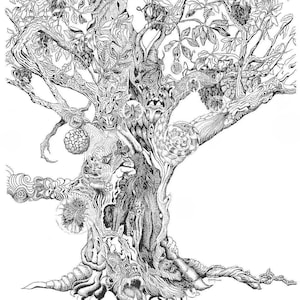 May include: A black and white line drawing of a tree with a gnarled trunk and branches. The tree is covered in intricate details, including faces and other abstract shapes.
