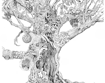 Boom der kennis, fantasiekunst, pen en inkt, vreemde wezens, sprookje, donker, mysterieus, vreemd fruit, raar, gicleeprint