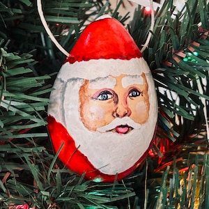 A Santa Gourd Ornament Hand Painted in Arkansas, Rustic and Primitive for Holiday Decoration to Hang on the Christmas Tree or Wreath