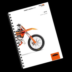 Puede incluir: Manual del propietario para una moto de cross KTM 85 SX 2025. La portada del manual presenta una foto de la moto de cross naranja y negra con el logotipo de KTM.