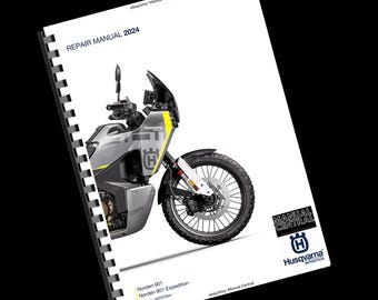 May include: A repair manual for the 2024 Husqvarna Norden 901 and Norden 901 Expedition motorcycles. The manual has a black and white cover with a photo of the motorcycle and the Husqvarna logo.