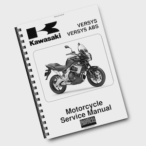 May include: A black and white motorcycle service manual for Kawasaki Versys and Versys ABS models. The manual features a detailed image of the motorcycle and the Kawasaki logo. The text "Motorcycle Service Manual" is prominently displayed.