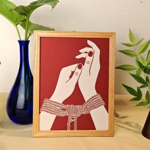 Shibari Rope Art Print – Laser cut and Collage - Kinky Bondage Illustration on 250g Fine Art Paper - Handcuffs – Rope Lover Wall Decor