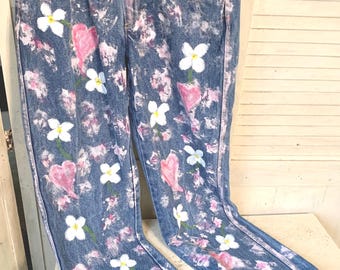 Painted Jeans, Size 8 Petite, Hearts and Flowers Deco, Retro Liz.
