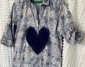 Valentines Aren’t Always Red , Women’s Shirt, Denim Heart, Blue Print Cotton, Heart Strings Collection, Size Large. Recycled Clothing