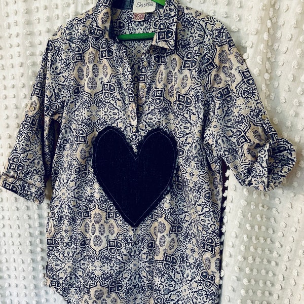 Valentines Aren’t Always Red , Women’s Shirt, Denim Heart, Blue Print Cotton, Heart Strings Collection, Size Large. Recycled Clothing