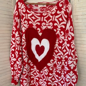 Valentine Hearts Sweater, Red-White Pullover, Funky Triple Heart Deco, Artsy Wearable, Plus Size, Washable , image 9