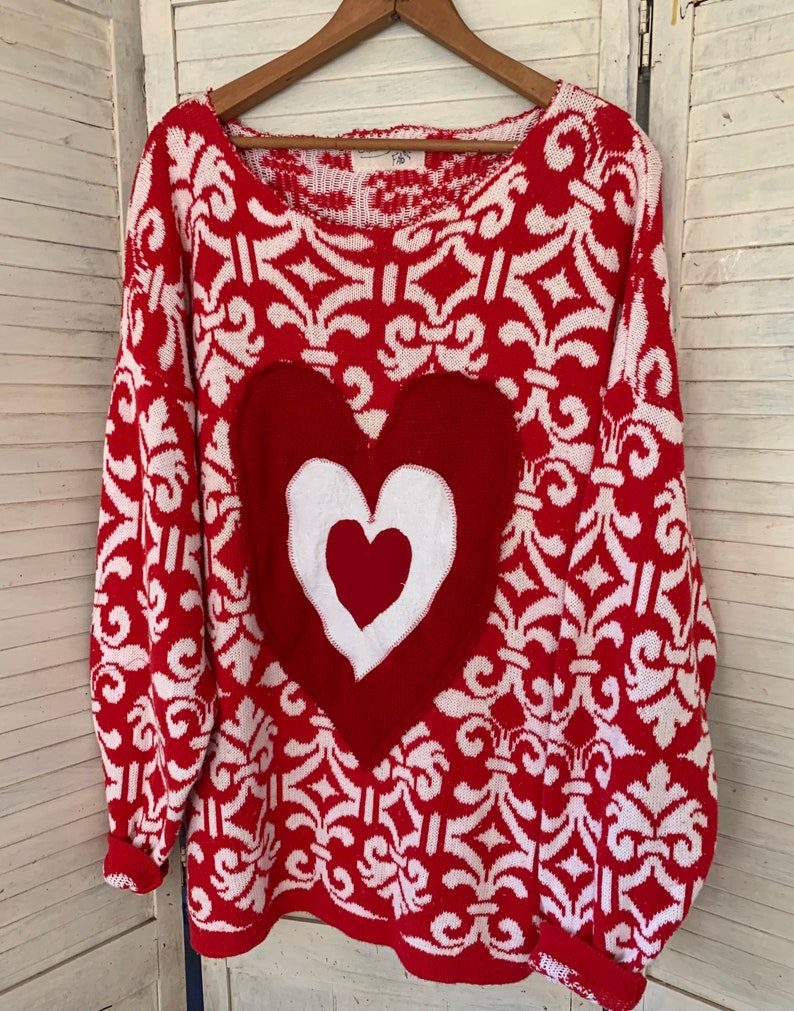 Valentine Hearts Sweater, Red-White Pullover, Funky Triple Heart Deco, Artsy Wearable, Plus Size, Washable , image 9