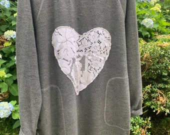 Heart Strings Appliqued Dress, Poly-Rayon-Spandex, Size Large, Soft Gray Stretchy Knit with Lace Heart, Tank Style