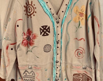Hand-Painted Cotton Jacket: Vintage Quilt Scrap Art (Size M-L)
