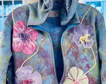 Altered, Artsy, Appliqued Cotton Flannel  Hoodie, Size M.