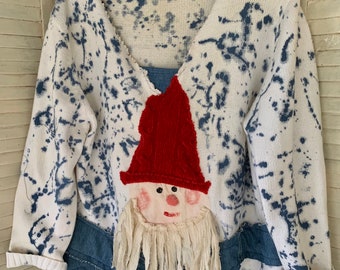 Santa Sweater, Splash Painted Christmas Pullover, Size 1-2X, Denim Trim Clothing, Appliqued Santa, Sheerfab Handmade