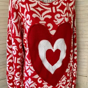 Valentine Hearts Sweater, Red-White Pullover, Funky Triple Heart Deco, Artsy Wearable, Plus Size, Washable , image 1