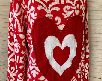 Valentine Hearts Sweater,  Red-White Pullover,  Funky Triple Heart Deco, Artsy Wearable, Plus Size, Washable ,