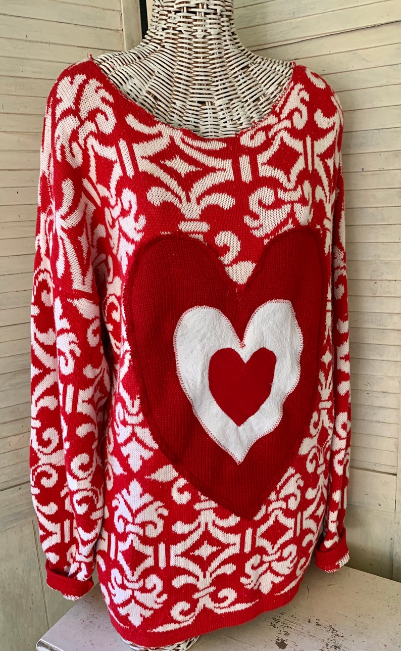 Valentine Hearts Sweater, Red-White Pullover, Funky Triple Heart Deco, Artsy Wearable, Plus Size, Washable , image 1