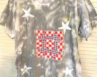 Women’s Shirts, Splash Painted Tee, Vintage Quilt Block Deco, Size L