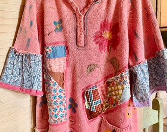 Great Start to Fall, Scraps and Recycled Sweater, Size 2X, Pink Cotton Sweater, Rescued Quilt Block