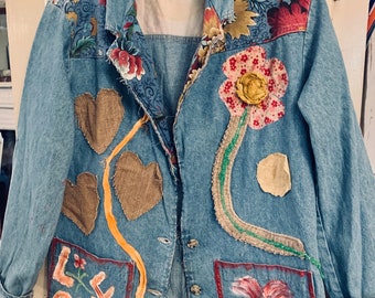 Women’s Embellished Denim Blazer, Painted Frayed-Appliqued Clothing, Size M, Washable