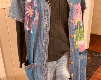 Denim Dress-Duster Coat, Size M=L, Hand Painted, Upcycled Art Wear, Wear Unbuttoned as Duster jacket over  jeans.