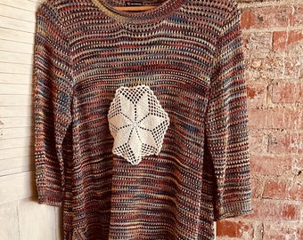 Woman's Tunic, Multi Color Stretchy Knit, Size 1X, Vintage Hand Crochet Deco. Red-Brown-Yellow Colors, Upcycled Chic