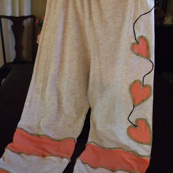Plus Size Grey Knit Drawstring Pants With Pink and Green Hearts