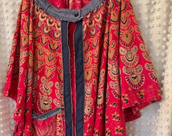 Plus Size Cotton Duster Coat: Denim Trim, Pool-Beach Cover, Artsy Caftan