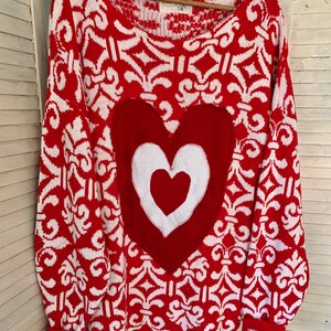 Valentine Hearts Sweater, Red-White Pullover, Funky Triple Heart Deco, Artsy Wearable, Plus Size, Washable , image 4