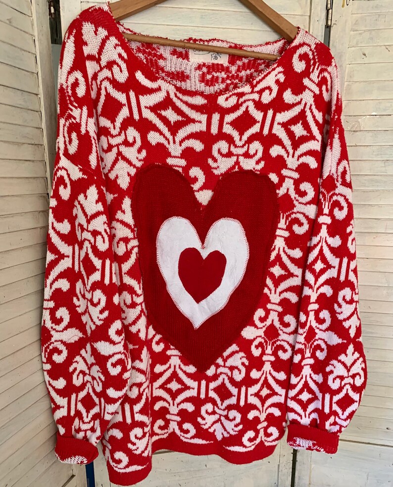 Valentine Hearts Sweater, Red-White Pullover, Funky Triple Heart Deco, Artsy Wearable, Plus Size, Washable , image 4