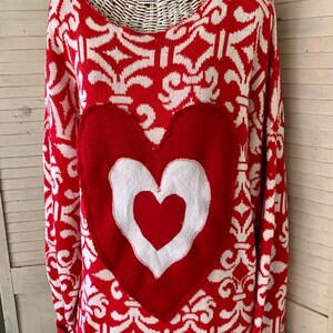 Valentine Hearts Sweater, Red-White Pullover, Funky Triple Heart Deco, Artsy Wearable, Plus Size, Washable , image 8